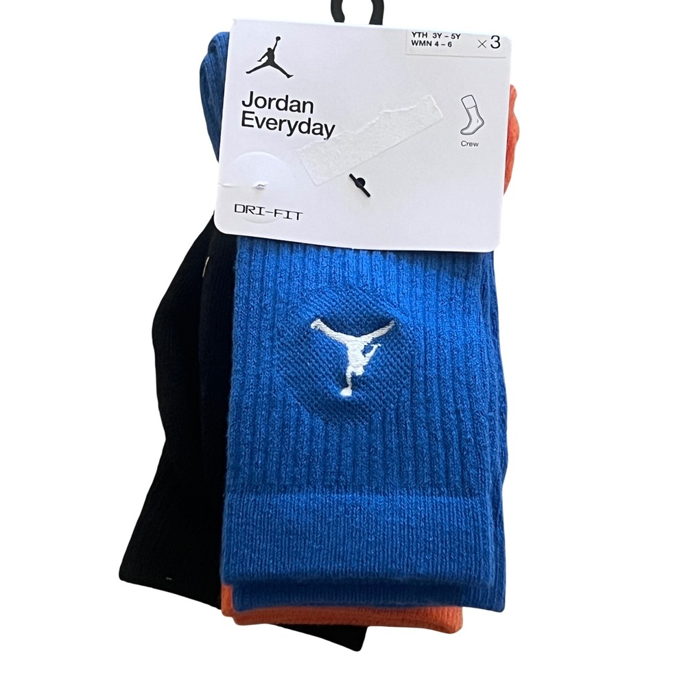 Jordan Crew Socks Mens S Blue Orange Black Excellent Dri-FIT 3-Pack